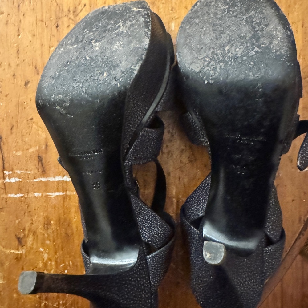 YSL Saint Laurent Tribute Black Grained Leather Platform High Heel Sandals - Picture 7 of 10